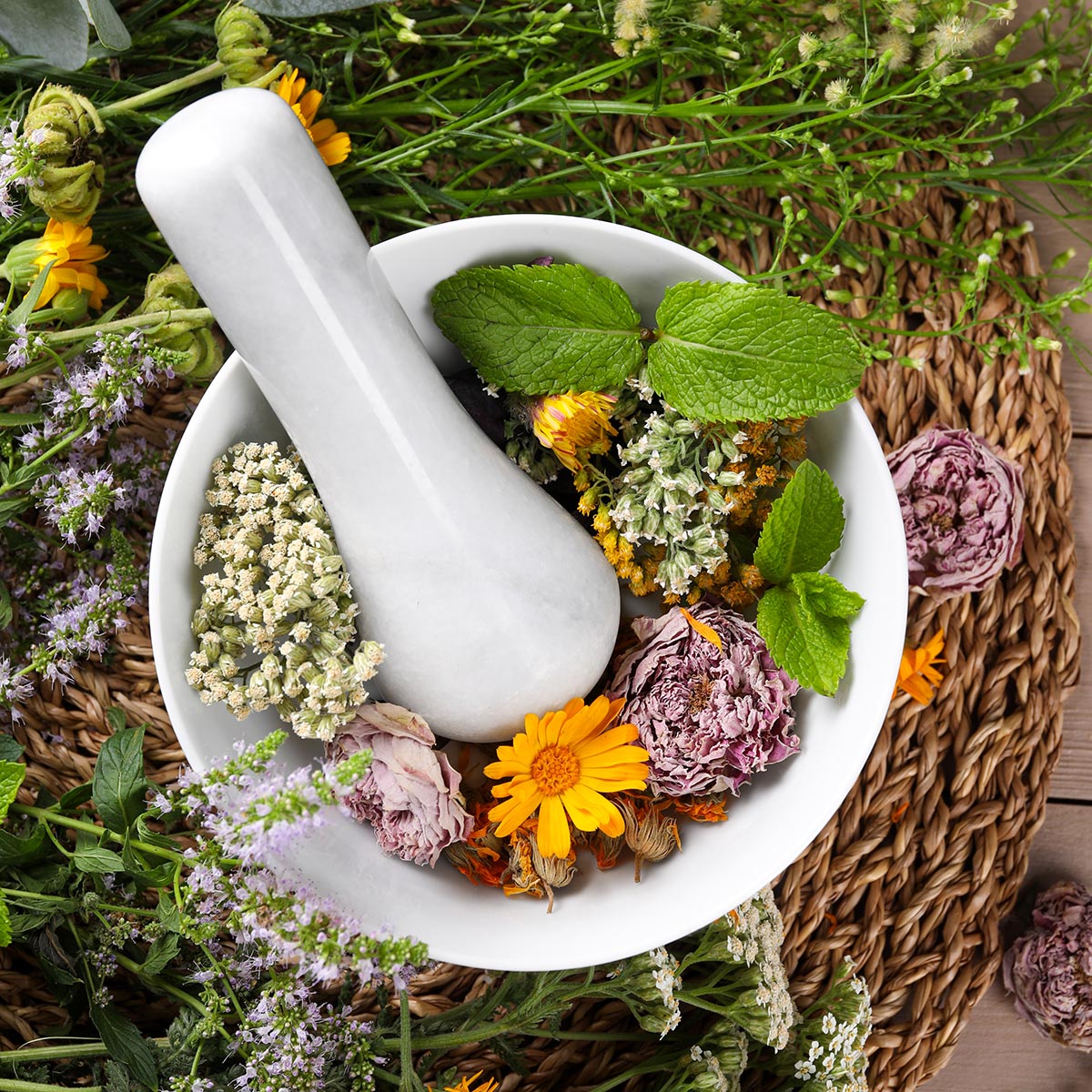 Mortar with pestle and many different herbs on table